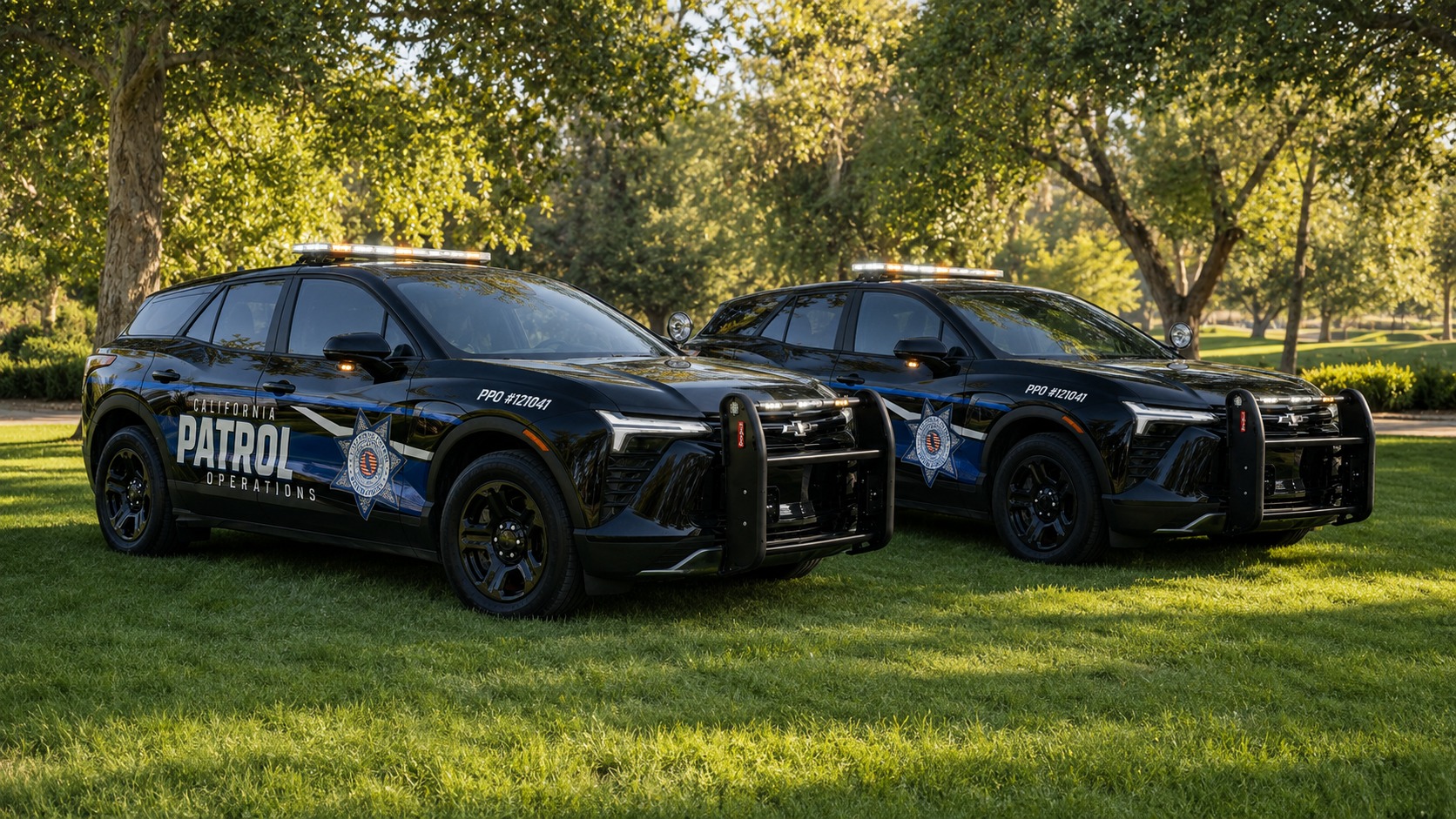 Two matching California Patrol Operations Chevrolet mobile patrol units staged on a landscaped lawn in Sacramento