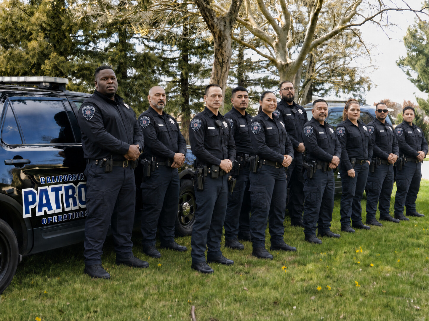 Professional California Patrol Operations field team presentation with marked CPO patrol vehicles